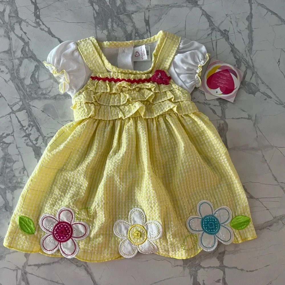 Youngland Baby Yellow Gingham Dress w Flowers & Ruffle Details Baby Girl 12M